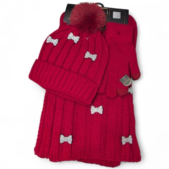 Charlotte Daniel Accessories - Cherry Red Knit Scarf, Glove & Hat Set with Silver Bows